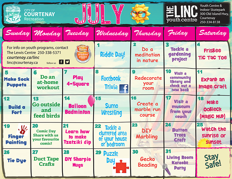 July Activity Calendar for Youth at Home | City of Courtenay