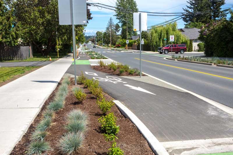 View of a complete street featuring a separated bike lane, pedestrian sidewalk, landscaped median, and adjacent vehicle road in a residential neighborhood.
