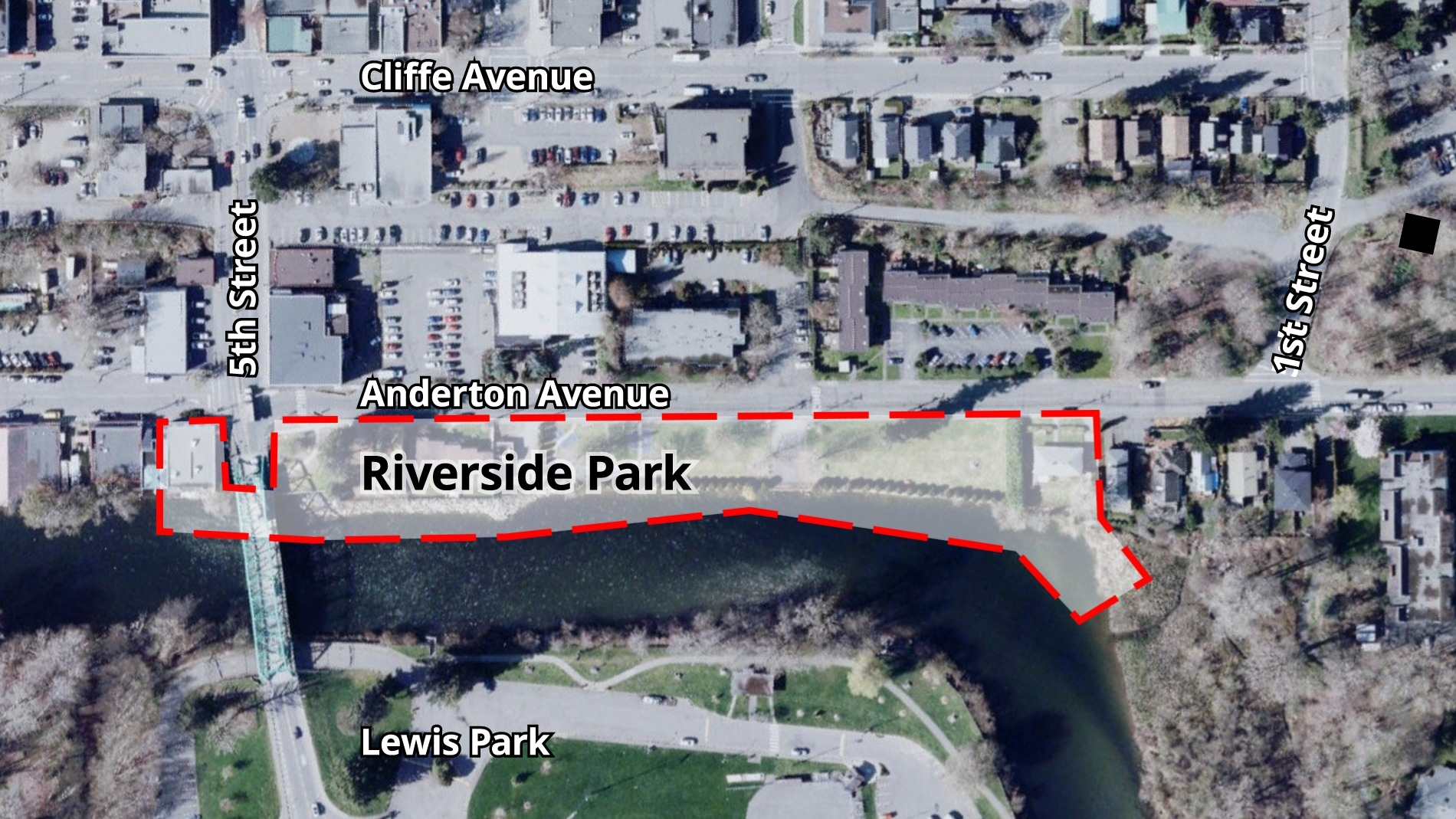 Aerial map showing the Anderton Riverside Restoration project area along the Courtenay River beside Riverside Park, between 5th Street and 1st Street.